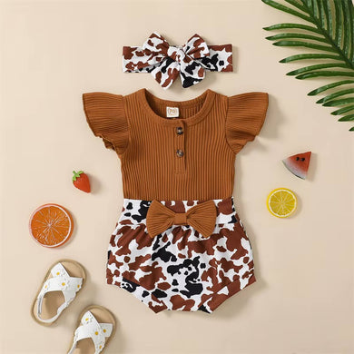 Caramel Bodysuit & Cow Print Shorts W/ Headband