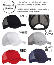 Load image into Gallery viewer, a white, black, red, and blue trucker hat