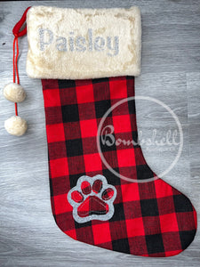 Red Buffalo Check Paw Print Dog Christmas Stocking