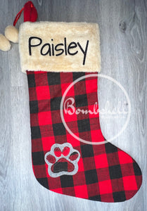 Red Buffalo Check Paw Print Dog Christmas Stocking