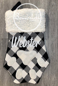 White Buffalo Check Paw Print Dog Christmas Stocking