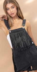 Black Fringe Studded Denim Overalls