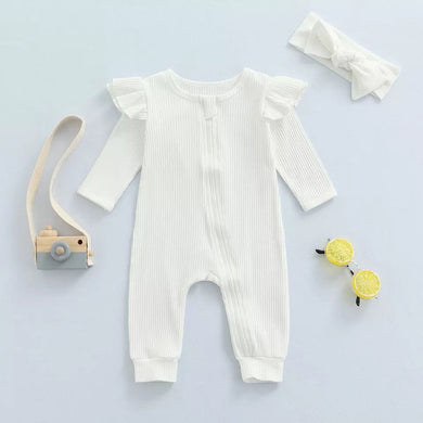 White Knit Ribbed Ruffle Bodysuit Romper W/ Headband