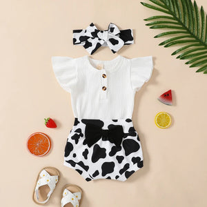 White Bodysuit & Cow Print Shorts W/ Headband