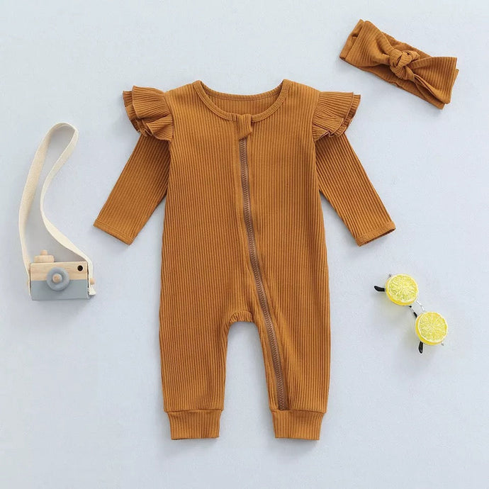 Caramel Knit Ribbed Ruffle Bodysuit Romper W/ Headband