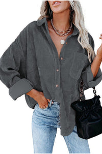 Gray Corduroy Long Sleeve Button Up Top