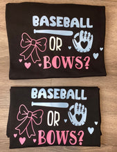 Load image into Gallery viewer, Baseball or Bows Gender Reveal Shirts