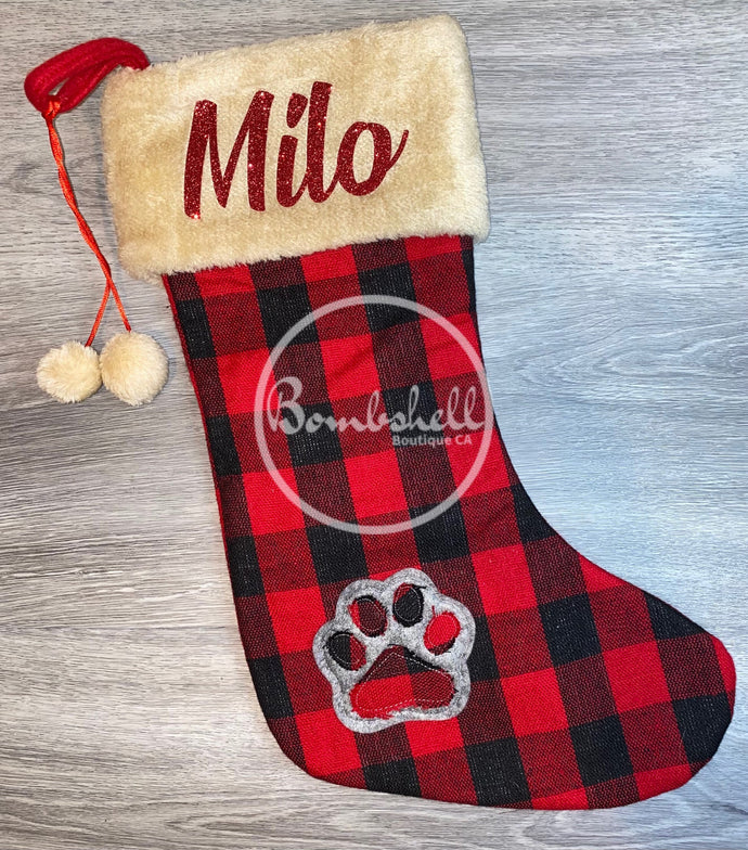 Red Buffalo Check Paw Print Dog Christmas Stocking