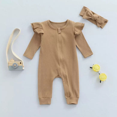 Light Chestnut Knit Ribbed Ruffle Bodysuit Romper W/ Headband