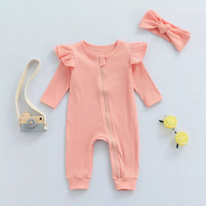 Pink Knit Ribbed Ruffle Bodysuit Romper W/ Headband