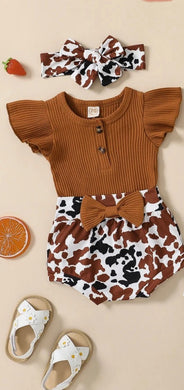 Caramel Bodysuit & Cow Print Shorts W/ Headband