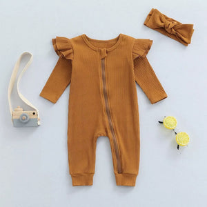 Caramel Knit Ribbed Ruffle Bodysuit Romper W/ Headband