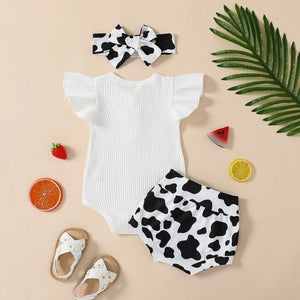 White Bodysuit & Cow Print Shorts W/ Headband